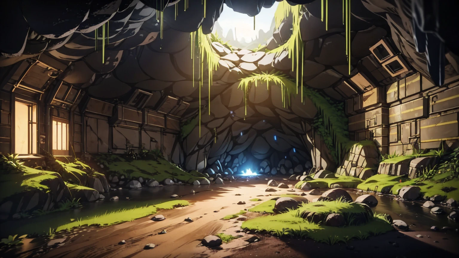 Empty invisible underground cave background,masterpiece,game CG,anime,Unmanned, no human,background,,,Soil, rock surface, indoor.((dark)).Torch.((low Brightness)).