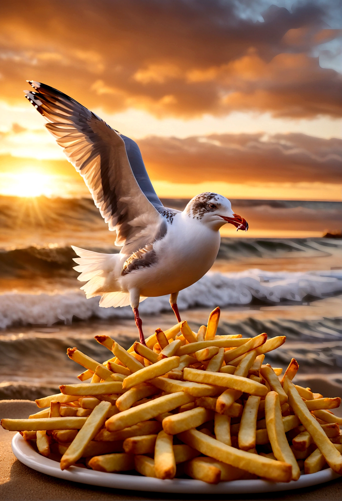 Seagull and Fries, seagull, french fries, beach, sunset, dramatic sky, ocean waves, sandy shore, food on the beach, hungry seagull, seagull reaching for fries, detailed seagull, detailed french fries, 8k, highly detailed, vivid colors, dramatic lighting, cinematic, golden hour, masterpiece, best quality, very aesthetic, absurdres