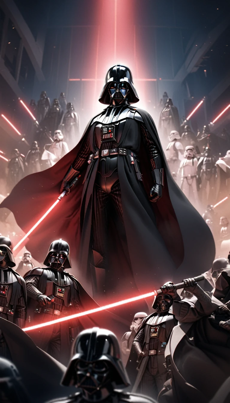 darth vader standing in front of a group of storm troopers in a room, holding lightsabe in his hands, walking across a bunch of stormtroopers behind him, Black_outfit,hood, hood_up, boots, darth vader helmet,cape,armor, shoulder armor, armored boots, glowing_sword, glowing_weapon,holding_sword, holding_weapon, hood, laser, lightsaber,holding a lightsaber,energy_sword, glowing, glowing_weapon,darth vader, 1 Man, looking at viewer,(closed mouth:1.0), NSFW,official art,extremely detailed CG unity 8k wallpaper, perfect lighting,Colorful, Bright_Front_face_Lighting, (masterpiece:1.0),(best_quality:1.0), ultra high res,4K,ultra-detailed, photography, 8K, HDR, highres, absurdres:1.2, Kodak portra 400, film grain, blurry background, bokeh:1.2, lens flare, (vibrant_color:1.2)