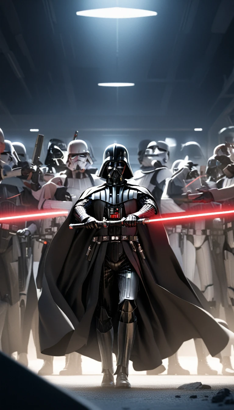 darth vader standing in front of a group of storm troopers in a room, holding lightsabe in his hands, walking across a bunch of stormtroopers behind him, Black_outfit,hood, hood_up, boots, darth vader helmet,cape,armor, shoulder armor, armored boots, glowing_sword, glowing_weapon,holding_sword, holding_weapon, hood, laser, lightsaber,holding a lightsaber,energy_sword, glowing, glowing_weapon,darth vader, 1 Man, looking at viewer,(closed mouth:1.0), NSFW,official art,extremely detailed CG unity 8k wallpaper, perfect lighting,Colorful, Bright_Front_face_Lighting, (masterpiece:1.0),(best_quality:1.0), ultra high res,4K,ultra-detailed, photography, 8K, HDR, highres, absurdres:1.2, Kodak portra 400, film grain, blurry background, bokeh:1.2, lens flare, (vibrant_color:1.2)