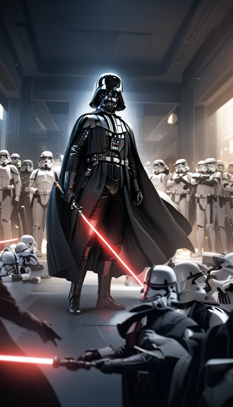 darth vader standing in front of a group of storm troopers in a room, holding lightsabe in his hands, walking across a bunch of stormtroopers behind him, Black_outfit,hood, hood_up, boots, darth vader helmet,cape,armor, shoulder armor, armored boots, glowing_sword, glowing_weapon,holding_sword, holding_weapon, hood, laser, lightsaber,holding a lightsaber,energy_sword, glowing, glowing_weapon,darth vader, 1 Man, looking at viewer,(closed mouth:1.0), NSFW,official art,extremely detailed CG unity 8k wallpaper, perfect lighting,Colorful, Bright_Front_face_Lighting, (masterpiece:1.0),(best_quality:1.0), ultra high res,4K,ultra-detailed, photography, 8K, HDR, highres, absurdres:1.2, Kodak portra 400, film grain, blurry background, bokeh:1.2, lens flare, (vibrant_color:1.2)