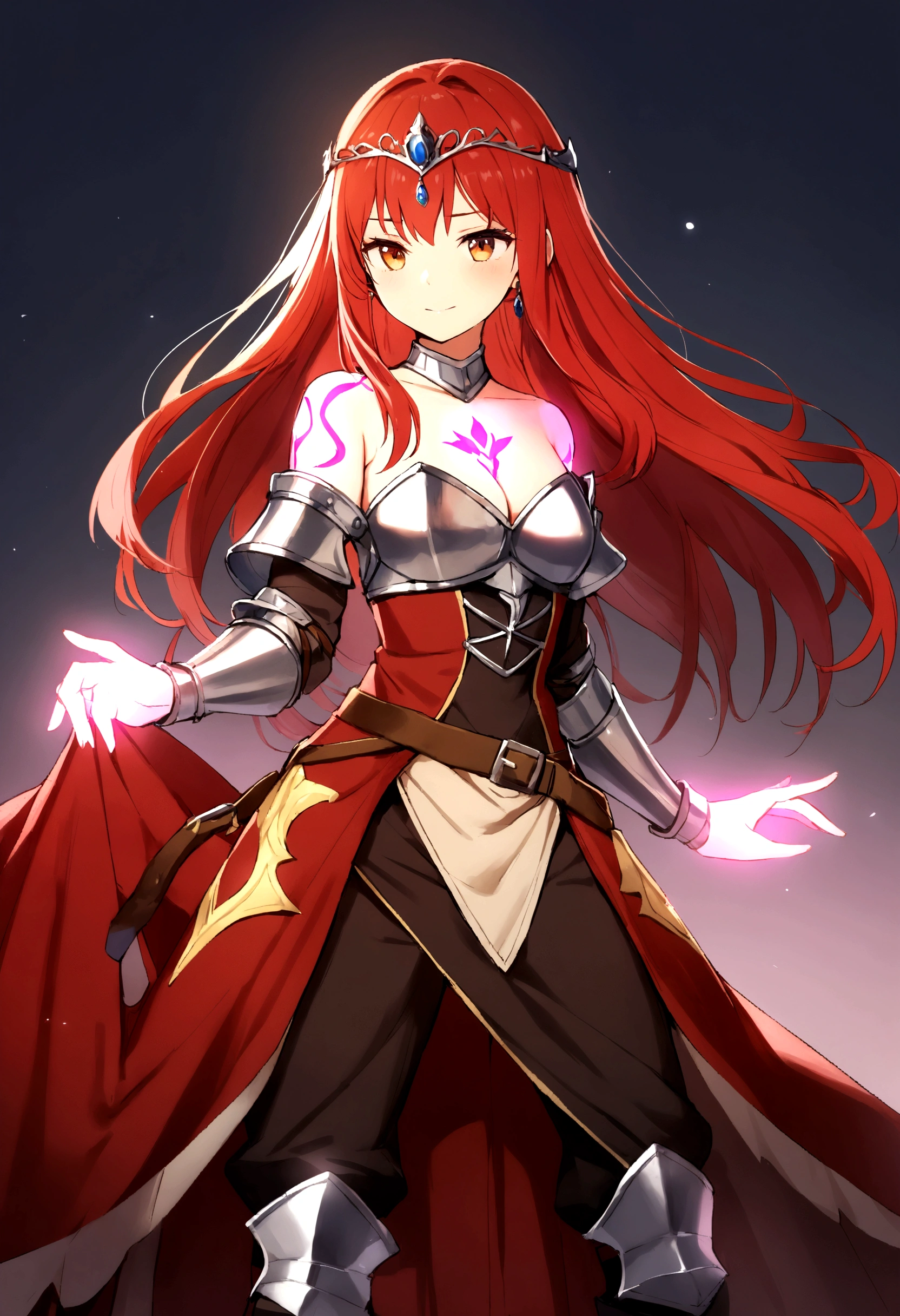 4K high resolution, one female, (((Glowing Tattoos))), long red hair, medieval princess dress and pants, armor, tiara