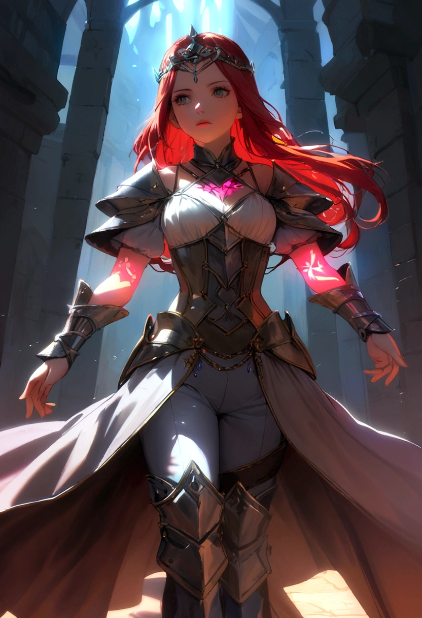 4K high resolution, one female, (((Glowing Tattoos))), long red hair, medieval princess dress and pants, armor, tiara