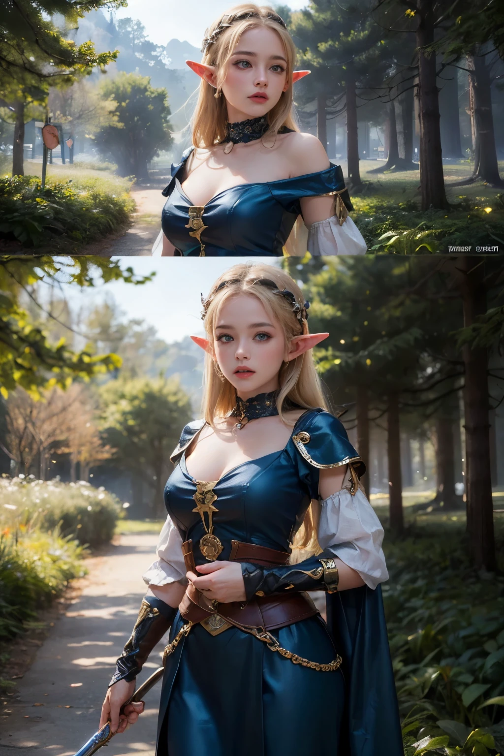 Elf,(8k, RAW Photos, highest quality, masterpiece:1.2),Super detailed,blonde,blue eyes,RPG,princess,battledress,moving,in forest