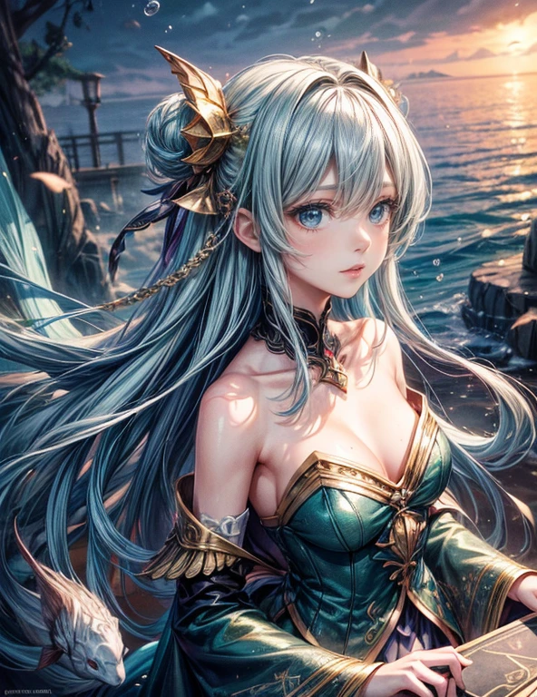 海の中で泳ぐ人fish,長く流れるような髪を持つ美しい人fish, (詳細な人fish, one breasted girl:1.2), (Realistic, high quality, 8k, Surreal, masterpiece:1.4),(complicated, Very detailed, complicatedな, Brilliant:1.2), Emerald Green Scales, Delicate fins, サンゴ礁と活気に満ちたfishの群れのある海中の背景, Dramatic underwater lighting, (Magic, Fantasy, Mysterious:1.1), Ultra-realistic face:1.2色とりどりなFantasyアート,Adorable,Goddess of the Sea,Beautiful big eyes,Tethys, Goddess of the Sea, Guardian of the seas, sacred , 4KFantasyアート,Fantasyアートスタイル, 2. 5D CGI アニメ Fantasy アートワーク, epic Fantasyアートスタイル hd, 壮大なFantasyデジタルアートスタイル, 詳細なFantasyアート, 詳細なデジタル 2D Fantasy アート, Luan Jia and Artgerm, 8k Fantasyアート, Cinematic,Great background, Abstract Beauty,stand, Approaching perfection, Pure Form, Golden Ratio, Minimal, unfinished, Concept Art, By Brian Froud、Karn Griffiths、What a bone、John William Waterhouse, complicatedなディテール, 8K Post-Production, High resolution, Hyper Detail, Art Station Trends, Studio shot, complicatedなディテール, Extremely delicate and detailed painting style, Beautiful painting art, Greg Rutkowski, close, Female Solo, The most beautiful form of chaos, elegant, Fauvist design, Bright colors, colorful, Romanticism, 海のBubble, Bubble, Shellfish, shell, fish, pearl
