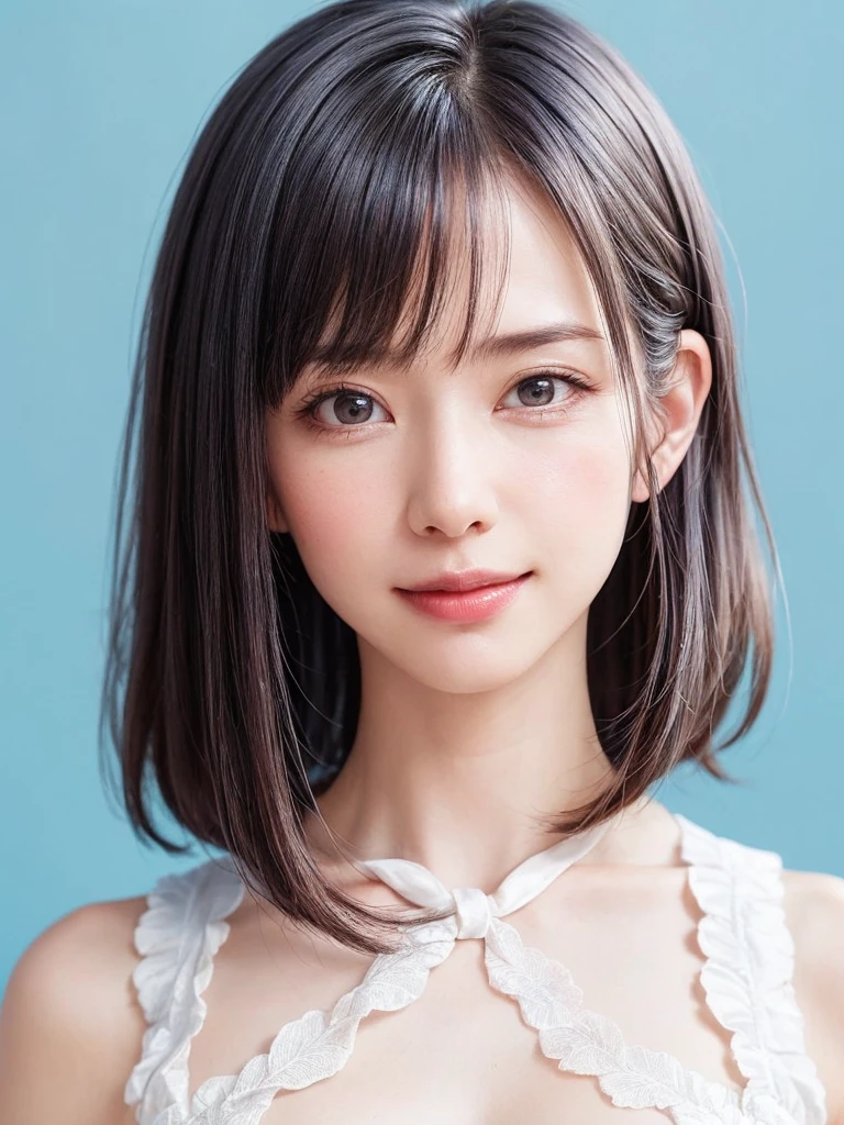 (SFW:1.8、masterpiece, Highest quality),1 Girl, alone, hyper Realistic, Realistic,Realistic, Looking at the audience, Light brown eyes:1.4,短めのBrunette Short Bob Hair:1.6、Highly detailed shiny hair:1.5, Very delicate and beautiful、Lepangas:1.4), Mouth closed, Upper Body、Big Eyes、eyelash、whole :2,(((Add highlights to the eyes:1.4、Big Eyes、Short Bob Hair、Glowing Skin:1.4、Looking at the audience、She is very 美しい and cute、Show me your ears、Beautiful long neck、smile、Close your mouth and smile、bangsと美しい歯)))、Ideal body type、((Beautiful blue background:2、Simple blank blue landscape:2、Very simple blue background:2))、Beautiful long neck:1.4、、(((Portraiture:2、Face close-up:2、Face close-up:2)))、Perfect Anatomy、((bangs:2))