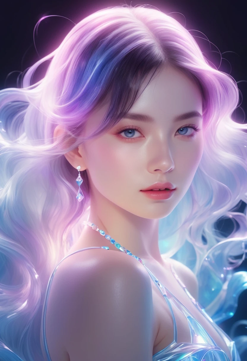 32K,wallpaper,Painting of a beautiful young woman., Mysterious Waves at Night. 3D. White,Shallow. The beauty of the melting universe. Surrealism in Nebula Reflections. Glass texture,translucent,crystal