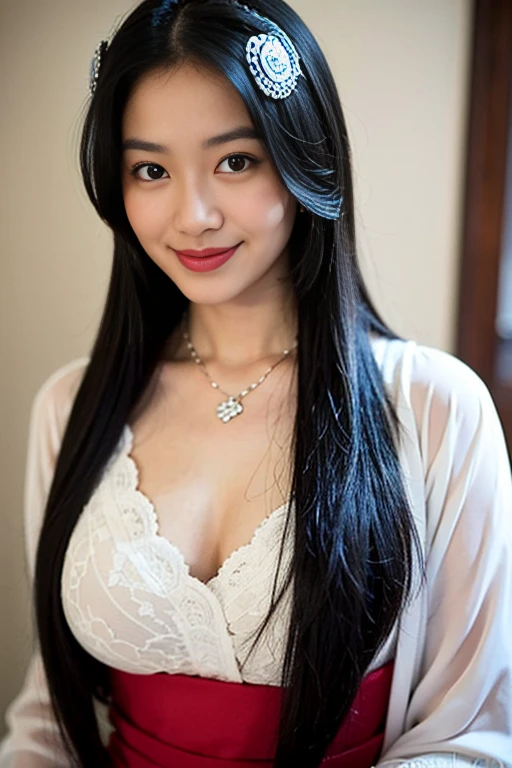 A girl, long braids, Tibetan girl, big breast, long legs, close-up, slightly raised head, smile, bust photo, upper body, appearance Yang transcendence, gorgeous Tibetan costume, cumbersome Tibetan necklace, cumbersome Tibetan headdress, fluff on clothes, white animal flull, real person CG, sweet style, film style, HD 4K