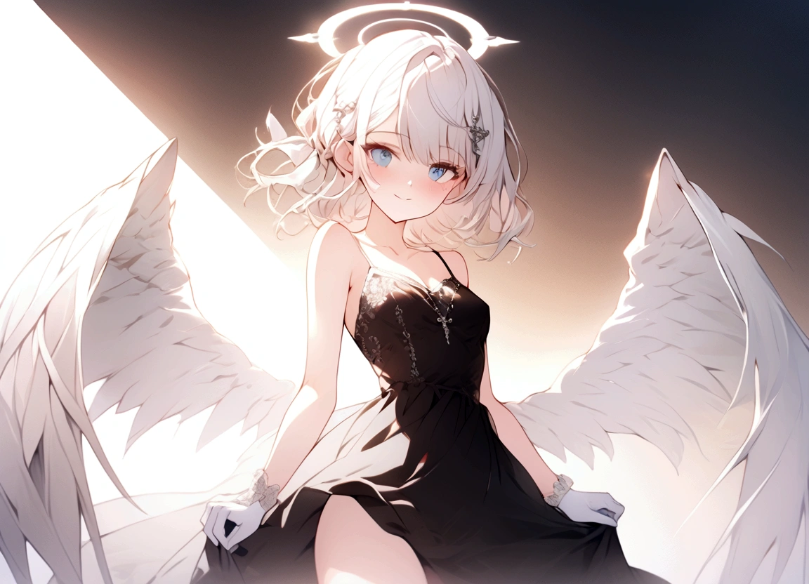 ((ultra-detailed, soft lighting)), masterpiece, an sexy angel, best quality, detailed lighting, holy lighting, perfect face, white hair,soft, sensual, morning, red eyes, contrast, 4k, cute, backlight,glowing eyes, earing, bra, defined abdomen, , perfect boobs, sexy, superior, exposed skin, no_shirt, collar, happy, smilling, flowers, angel wings,wings, flowers, volumetric lighting, heaven
