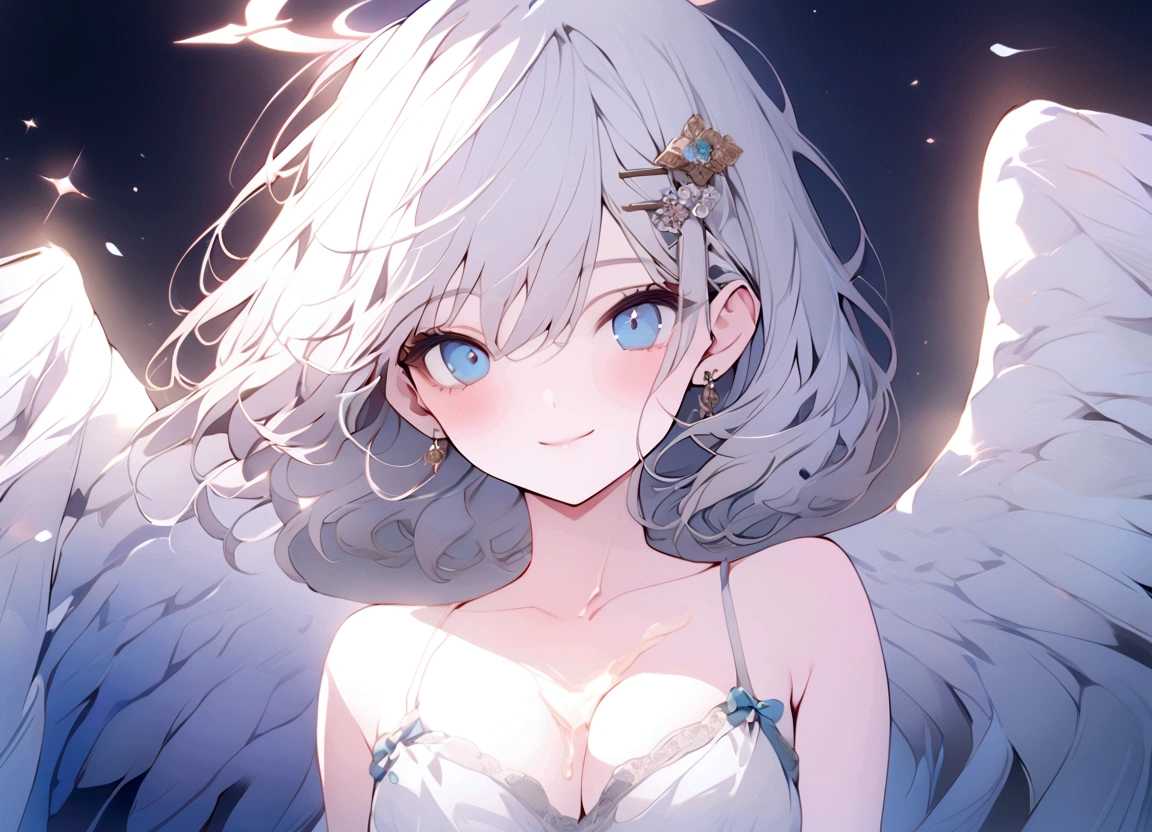 beautiful, masterpiece, Highest quality, anime, One girl, C Cup,Portrait Shot, View your viewers, Intricate details,>,((Covered、Short Hair、nearby、Blue Eyes、art、、White hair,Blue streaked hair、wallpaper、、white_gloves、hairpin、smile、Angel、Thighs、Halo、Wolf Hair、camisole、Nipples、lotion