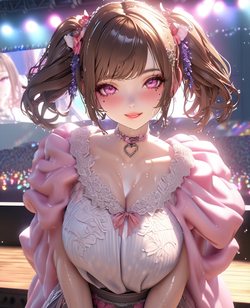 one girl, staring at the audience, beautiful pink eyes, brown hair in short twin tails, mole under eye, plump glossy lips, heart shaped choker, idol, her name is Mei, smiling, . . . 3D, realistic, idol's costume was drenched in heavy rain, her chest was wet and see-through, heavy rain at outdoor concert, draped clothes, jewelry and decorations removed, floral patterns, lace trim, glittering on stage, masterpiece, best quality, 8k, detailed skin texture, detailed fabric texture, beautifully detailed face, intricate details, highly detailed, ultra high resolution, 8k Ultra HD, film grain, best shadows, delicate, staring at the audience, front