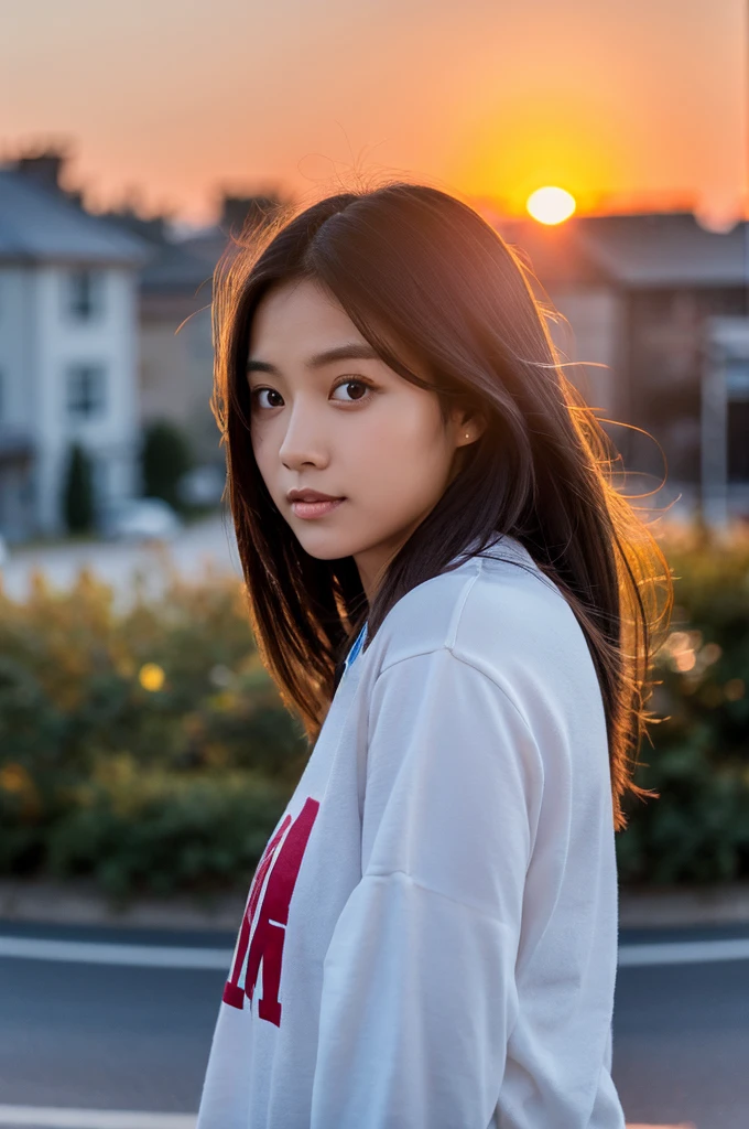 College student background ,hair ,sun set ,bulding , 8k photo