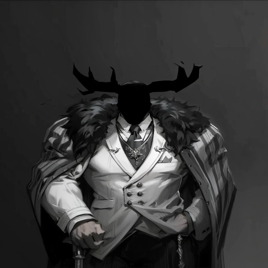 Big body, Man

1. Attire.
   - The figure is wearing a white double-breasted suit with a dark tie and a vest underneath. The suit is adorned with several buttons, and the overall appearance is very sharp and formal.
   - Over the suit, the figure has a large, dark fur-trimmed cape draped over the shoulders, adding a sense of grandeur and authority to the appearance.
   - The figure's right arm is holding a cane or a staff, indicating a possible sense of authority or power.

2. Pose.
   - The figure stands confidently with the left arm slightly bent and the hand resting on the hip, while the right arm holds the cane firmly.
   - The posture is upright and commanding, suggesting confidence and control.

3. Face and Head.
   - The head and face of the figure are not visible; they are shrouded in darkness or simply not drawn, which adds an element of mystery to the character.

4. Details.
   - The fur trim on the cape is detailed and appears luxurious, indicating high status or wealth.
   - The suit is well-fitted and meticulously designed, reinforcing the impression of a powerful and wealthy individual.

5. Body.
   - Big body, a mobster Man

6. Place
   - In the kingdom of darkness 