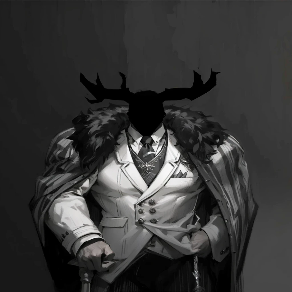 Big body, Man
1. Attire.
- The figure is wearing a white double-breasted suit with a dark tie and a vest underneath. The suit is adorned with several buttons, and the overall appearance is very sharp and formal.
- Over the suit, the figure has a large, dark fur-trimmed cape draped over the shoulders, adding a sense of grandeur and authority to the appearance.
- The figure's right arm is holding a cane or a staff, indicating a possible sense of authority or power.
2. Pose.
- The figure stands confidently with the left arm slightly bent and the hand resting on the hip, while the right arm holds the cane firmly.
- The posture is upright and commanding, suggesting confidence and control.
3. Face and Head.
- The head and face of the figure are not visible; they are shrouded in darkness or simply not drawn, which adds an element of mystery to the character.
4. Details.
- The fur trim on the cape is detailed and appears luxurious, indicating high status or wealth.
- The suit is well-fitted and meticulously designed, reinforcing the impression of a powerful and wealthy individual.
5. Body.
- Big body, a mobster Man
6. Place
- In the kingdom of darkness