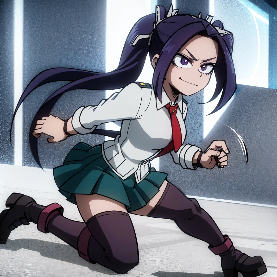 1girl, female focus, aria blaze, boku no hero academia, masterpiece, best quality, very aesthetic, absurdres, twintails hair, purple hair, lavender eyes, smirk, gray jacket, red tie, white shirt, teal skirt, gray tights, boots 