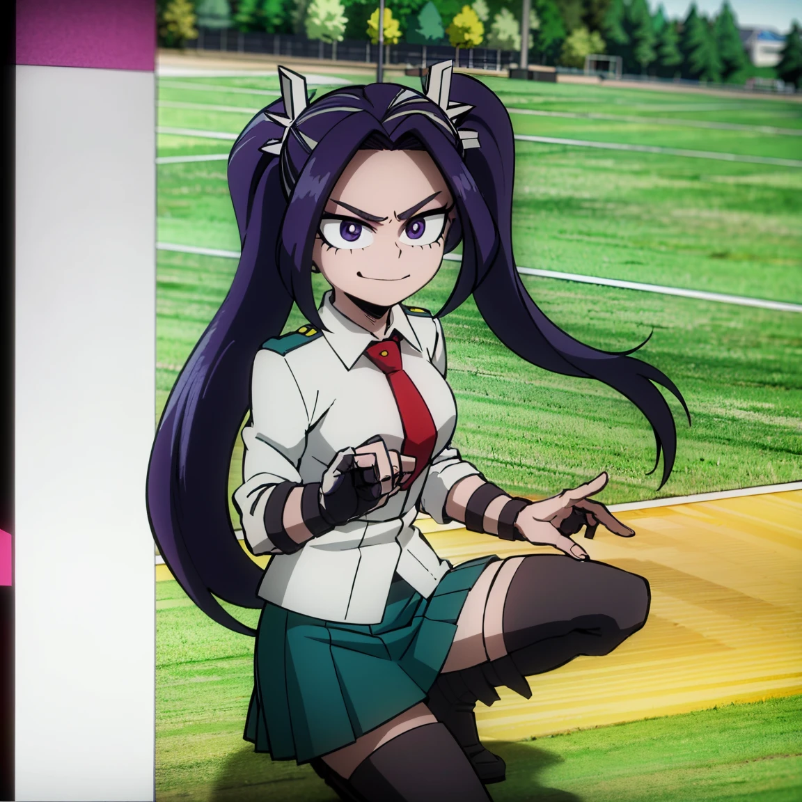 1girl, female focus, aria blaze, boku no hero academia, masterpiece, best quality, very aesthetic, absurdres, twintails hair, purple hair, lavender eyes, smirk, gray jacket, red tie, white shirt, teal skirt, gray tights, boots 