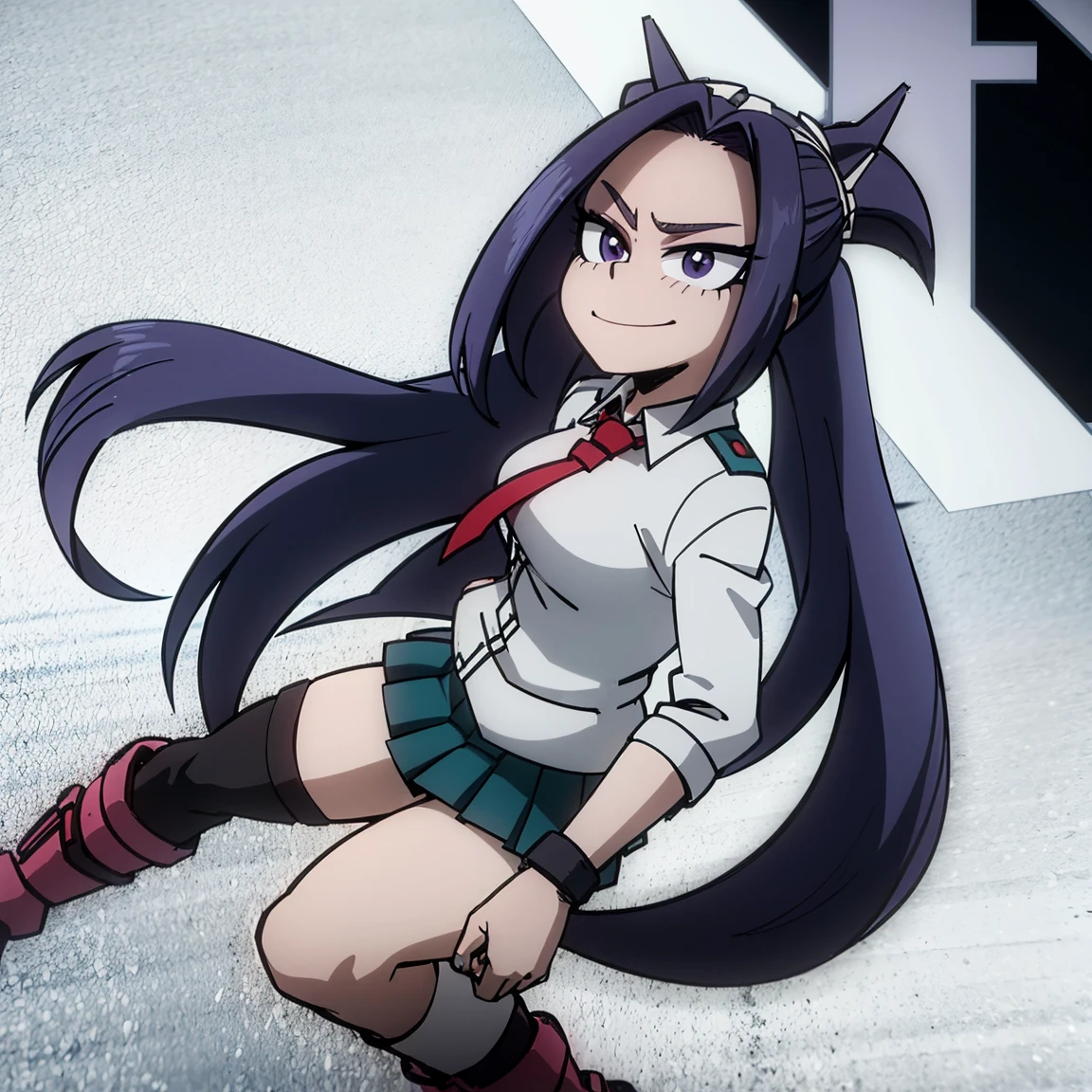 1girl, female focus, aria blaze, boku no hero academia, masterpiece, best quality, very aesthetic, absurdres, twintails hair, purple hair, lavender eyes, smirk, gray jacket, red tie, white shirt, teal skirt, gray tights, boots 