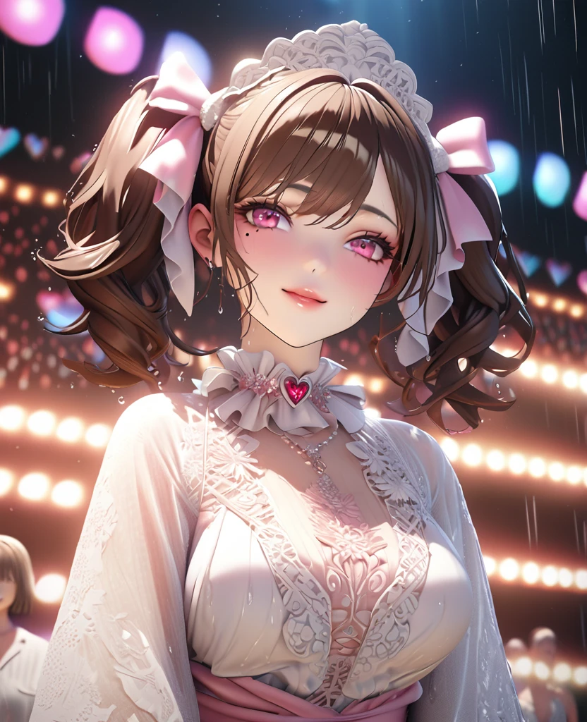 one girl, staring at the audience, beautiful pink eyes, brown hair in short twin tails, mole under eye, plump glossy lips, heart shaped choker, idol, her name is Mei, smiling, . . . 3D, realistic, idol's costume was drenched in heavy rain, her chest was wet and see-through, heavy rain at outdoor concert, draped clothes, jewelry and decorations removed, floral patterns, lace trim, glittering on stage, masterpiece, best quality, 8k, detailed skin texture, detailed fabric texture, beautifully detailed face, intricate details, highly detailed, ultra high resolution, 8k Ultra HD, film grain, best shadows, delicate, staring at the audience, front