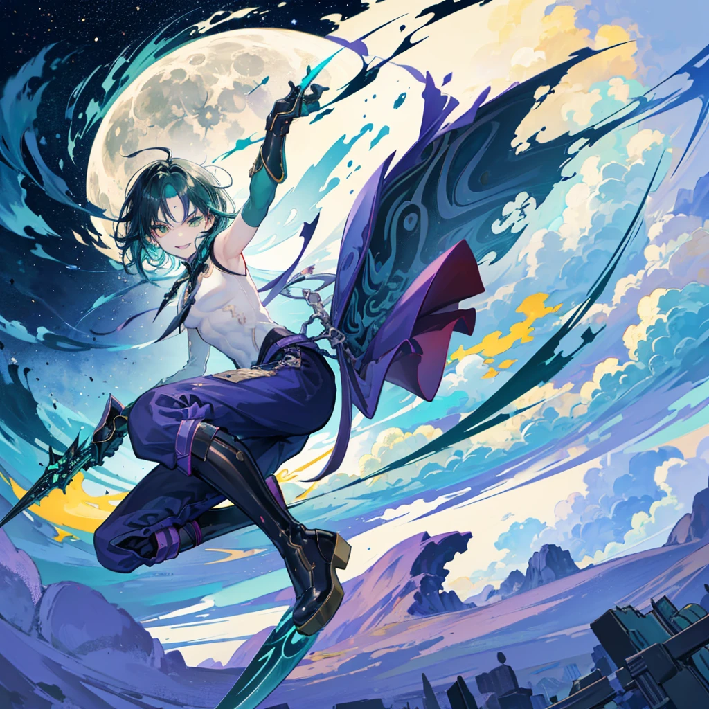 1boys，Dark green hair，Smile showing fangs, cool face, quality at best，tmasterpiece，Extrem，yellow eyealefocus，beautidful eyes，There are a lot of clouds，Flowing colors，themoon，Holding a weapon