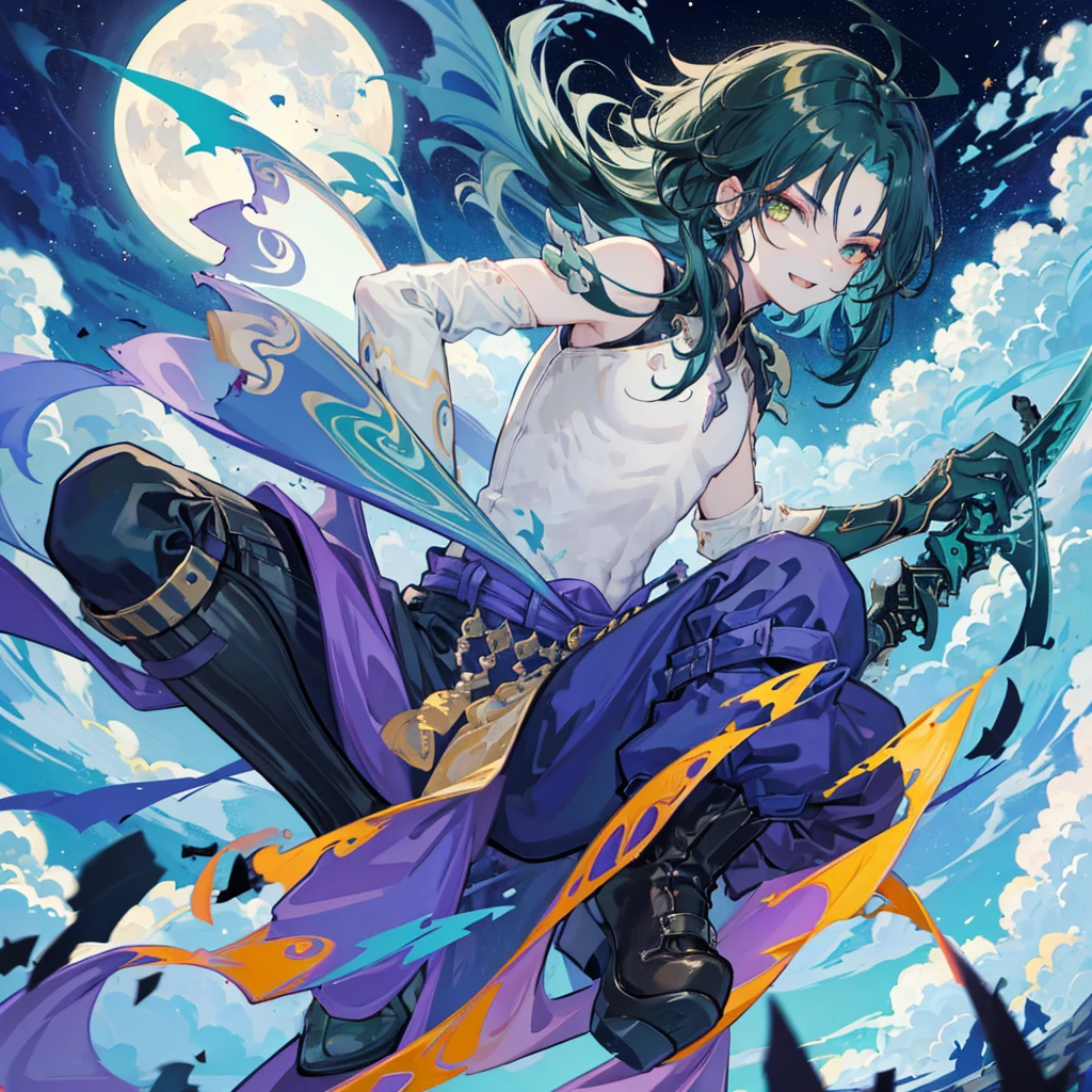 1boys,Dark green hair,Smile showing fangs, cool face, quality at best,tmasterpiece,Extrem,yellow eyealefocus,beautidful eyes,There are a lot of clouds,Flowing colors,themoon,Holding a weapon
