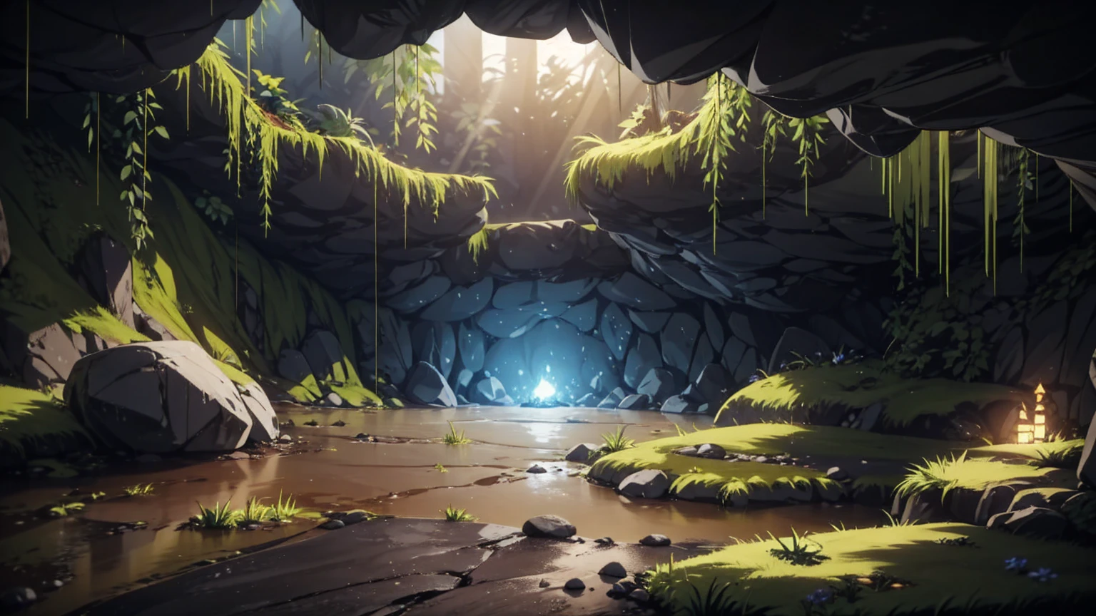 Empty invisible underground cave background,masterpiece,game CG,anime,Unmanned, no human,background,,,Soil, rock surface, indoor.((dark)).Torch.((low Brightness)).