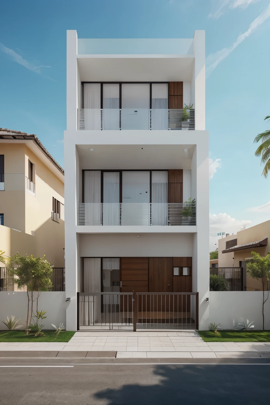 Design a two-story, double-height building, crea una fachada interesante y Jerarquiza el accso principalmente con transparencia