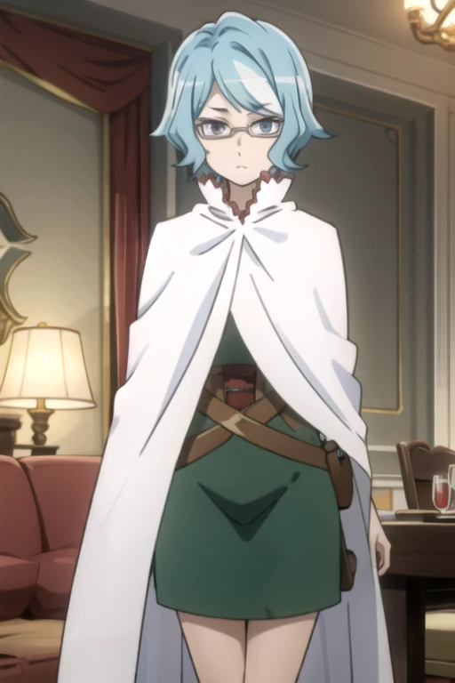 tall body, tall, long legs, mature female, mature, adult, eft_danmachi_blue, glasses, 1girl, female focus, solo, looking at viewer, frown, blue hair, blue eyes, grey hair, parody, short hair, white cape, closed mouth, expressionless, anime coloring, sitting, couches, living room