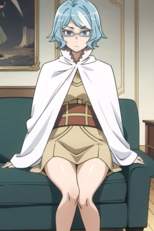 tall body, tall, long legs, mature female, mature, adult, eft_danmachi_blue, glasses, 1girl, female focus, solo, looking at viewer, frown, blue hair, blue eyes, grey hair, parody, short hair, white cape, closed mouth, expressionless, anime coloring, sitting, couches, living room