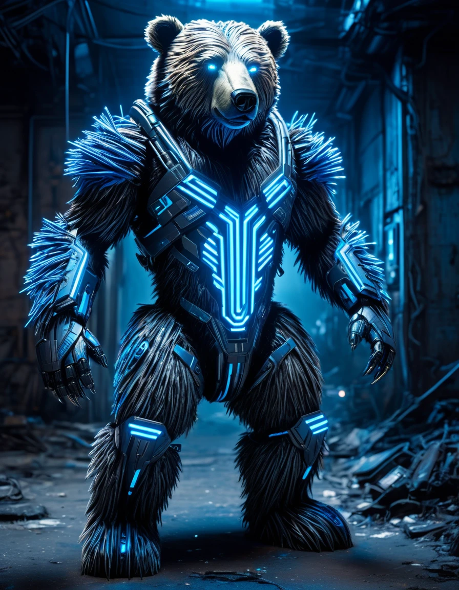 A formidable cyber bear standing in a post-apocalyptic environment. The bear's fur is interwoven with metallic and cybernetic enhancements, glowing with blue neon lines that run across its body. Its eyes are sharp and illuminated, exuding a sense of intelligence and power.