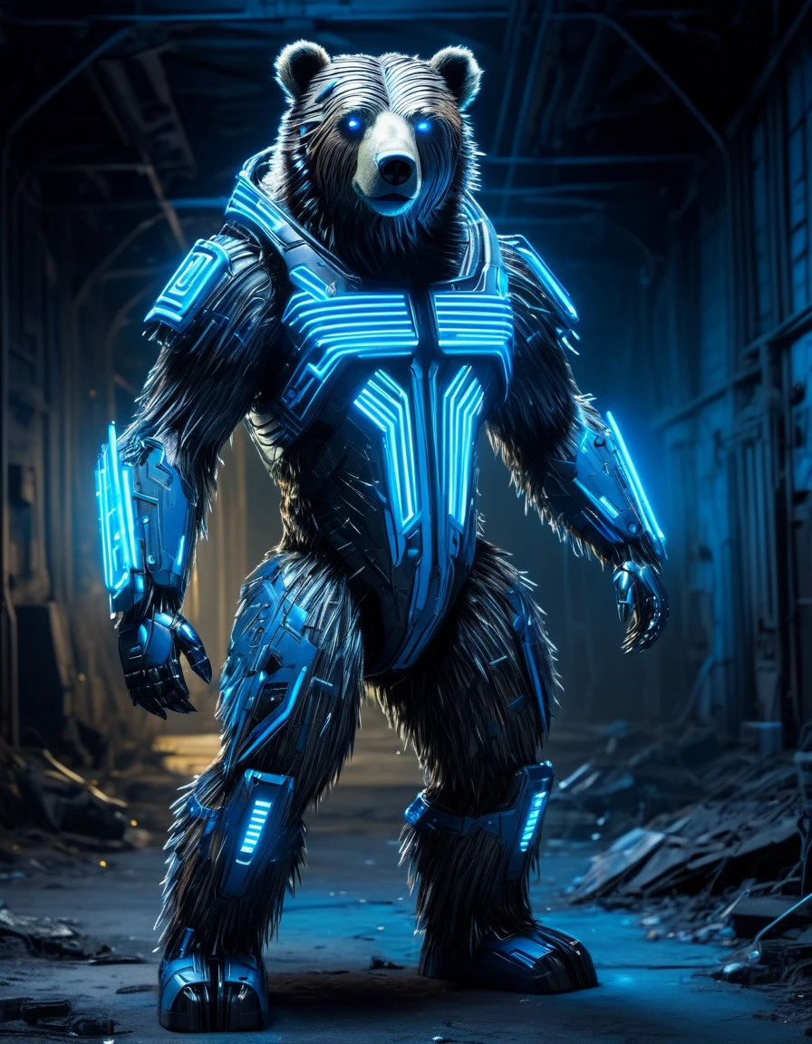 A formidable cyber bear standing in a post-apocalyptic environment. The bear's fur is interwoven with metallic and cybernetic enhancements, glowing with blue neon lines that run across its body. Its eyes are sharp and illuminated, exuding a sense of intelligence and power.