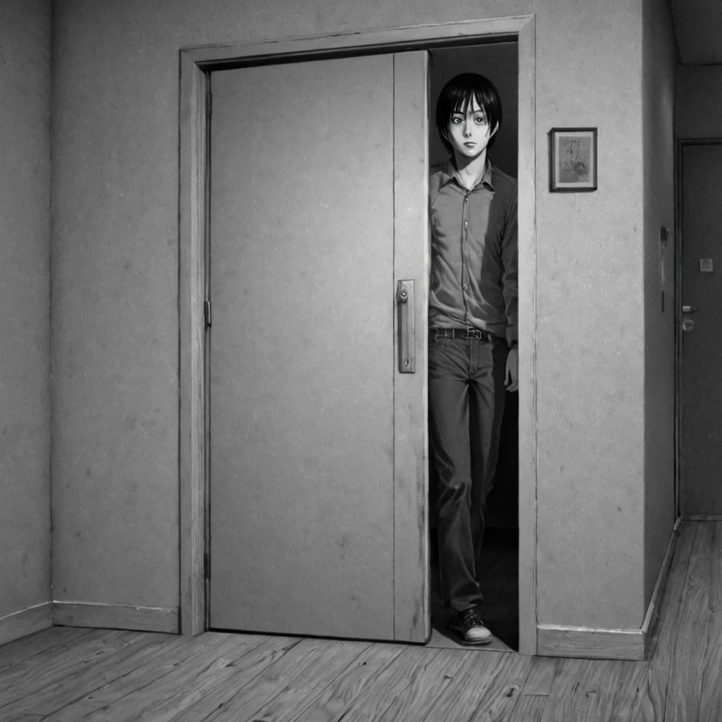 opening the door, (anime), bizarre scenario, Junji Ito, Yusuke Murata, black and white, 8k, anime, horror