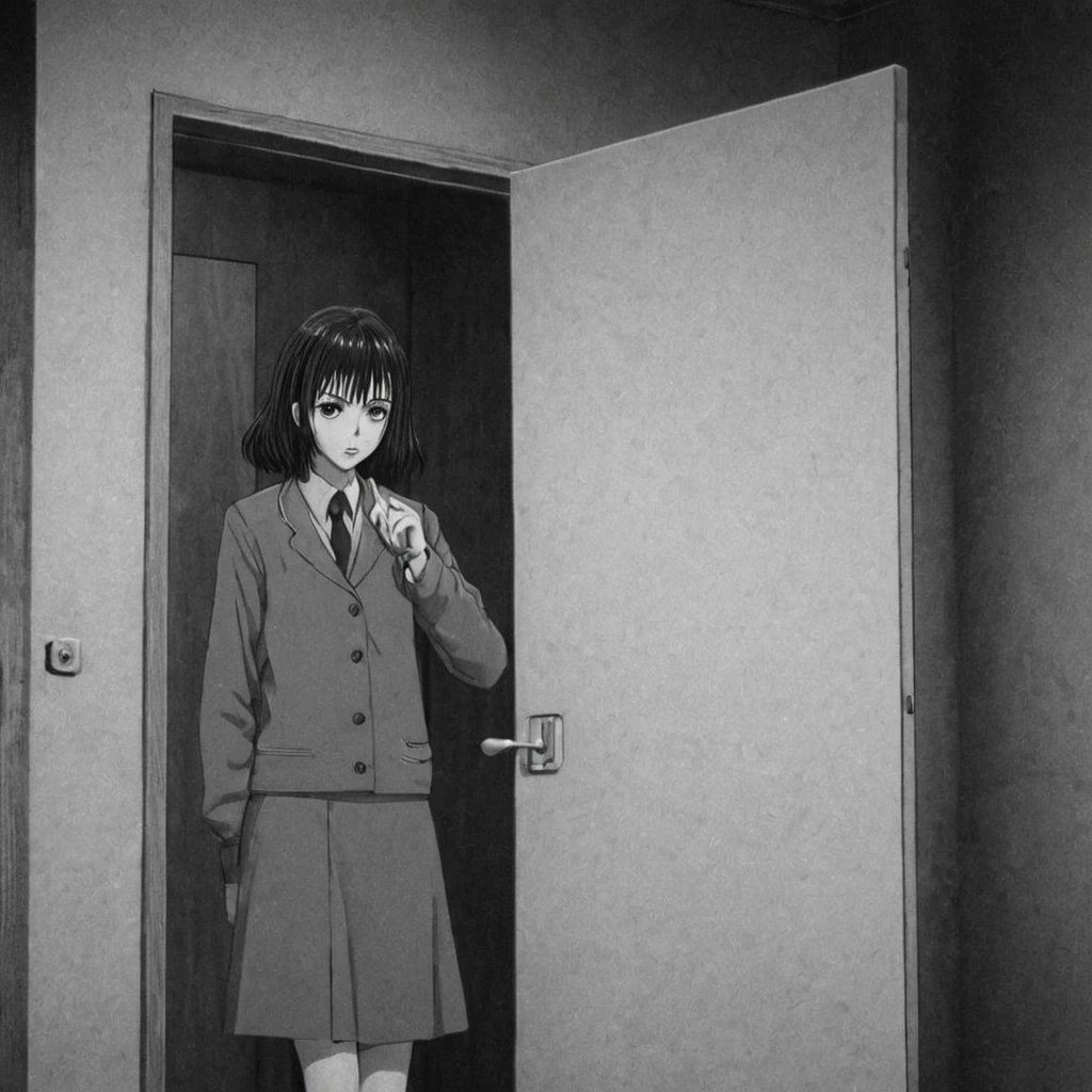 I would like an image in the style of Mangaká Junji Ito, depicting a person in their house, with their hands on their head as if going insane. I would like there to be a shadow in front of the person, representing negative thoughts. The setting should be the person's own house.