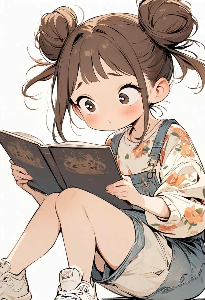 (masterpiece, best quality:1.2), cartoonish character design。Pure white background，1 girl reading a book, alone，big eyes，cute expression，Two hair buns，Floral shirt，Overalls，White sneakers，stand，interesting，interesting，clean lines