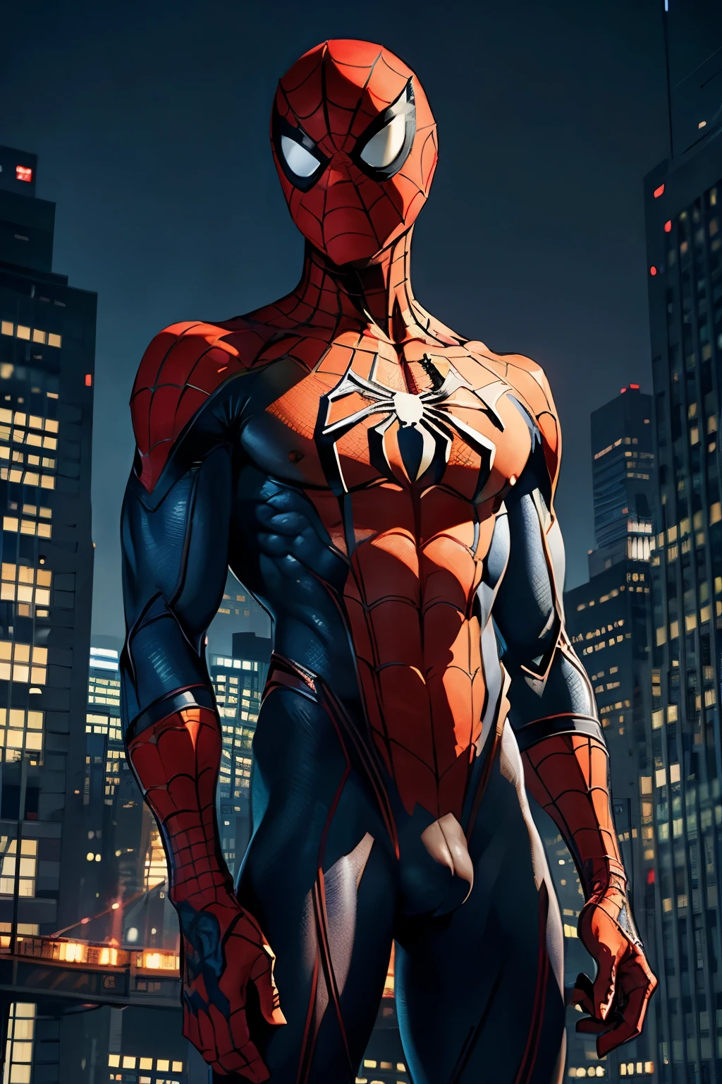 Spider-Man standing for 30 yearuscular、Short Hair、Emphasis on the crotch、Angle from below、Overall a dark and mysterious atmosphere、Detailed facial expressionasterpiece),Highest quality,Excellent anatomy、((Upper body naked))、The background is the night view of New York、(((Emphasis on the crotch)))