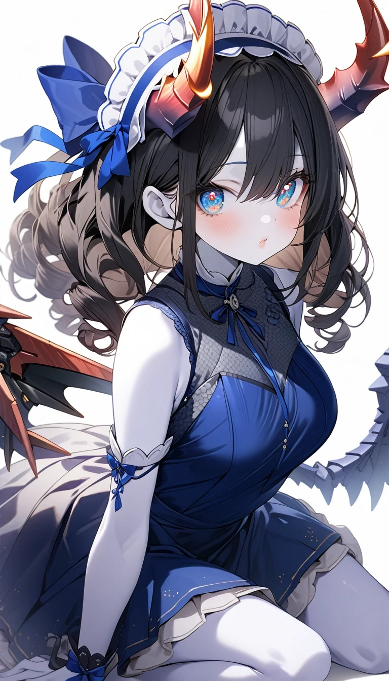 score_9, score_8_up, score_7_up, best quality ,masterpiece, 4k, Japanese anime, 1girl, (white skin:1.2), navy blue hair, medium length hair, blue ribbon, drill hair, wavy hair, (mechanical dragonhorn:1.5), (mechanical wing:1.2), (eye lashes:1.3), (eye shadow:1.3), blue eyes, (beautiful detailed eyes:1.4), pouty lips, 130cm tall, original character, fantasy, (white background:1.2), (full body:1.8), beautiful fingers, standing, (red black lace frill armor dress:1.5), (mechanical headdress:1.5) , shoot from front, looking at viewer ,