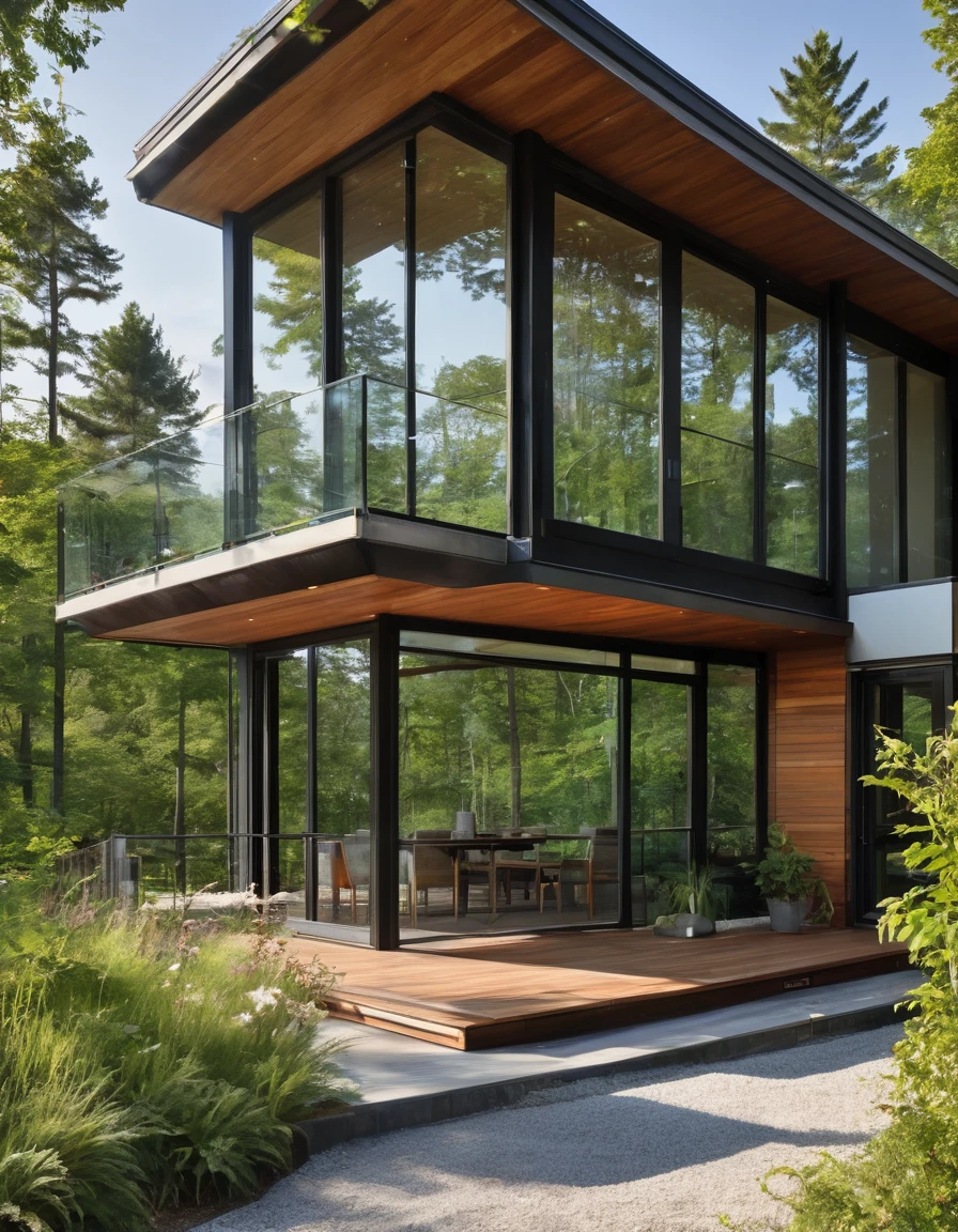 Imagine a contemporary home, where steel, wood and light gray concrete harmonize perfectly. Folding Brise soleil style windows, allowing natural light to dance through the space while maintaining privacy. From the spacious deck, the view opens up to a large, serene lake, reflecting the blue sky and surrounding trees. It's a spring afternoon, the gentle breeze carries the scent of flowers and the peaceful sound of water. The space is welcoming and relaxing, ideal for enjoying a good book or a coffee, in complete harmony with nature
