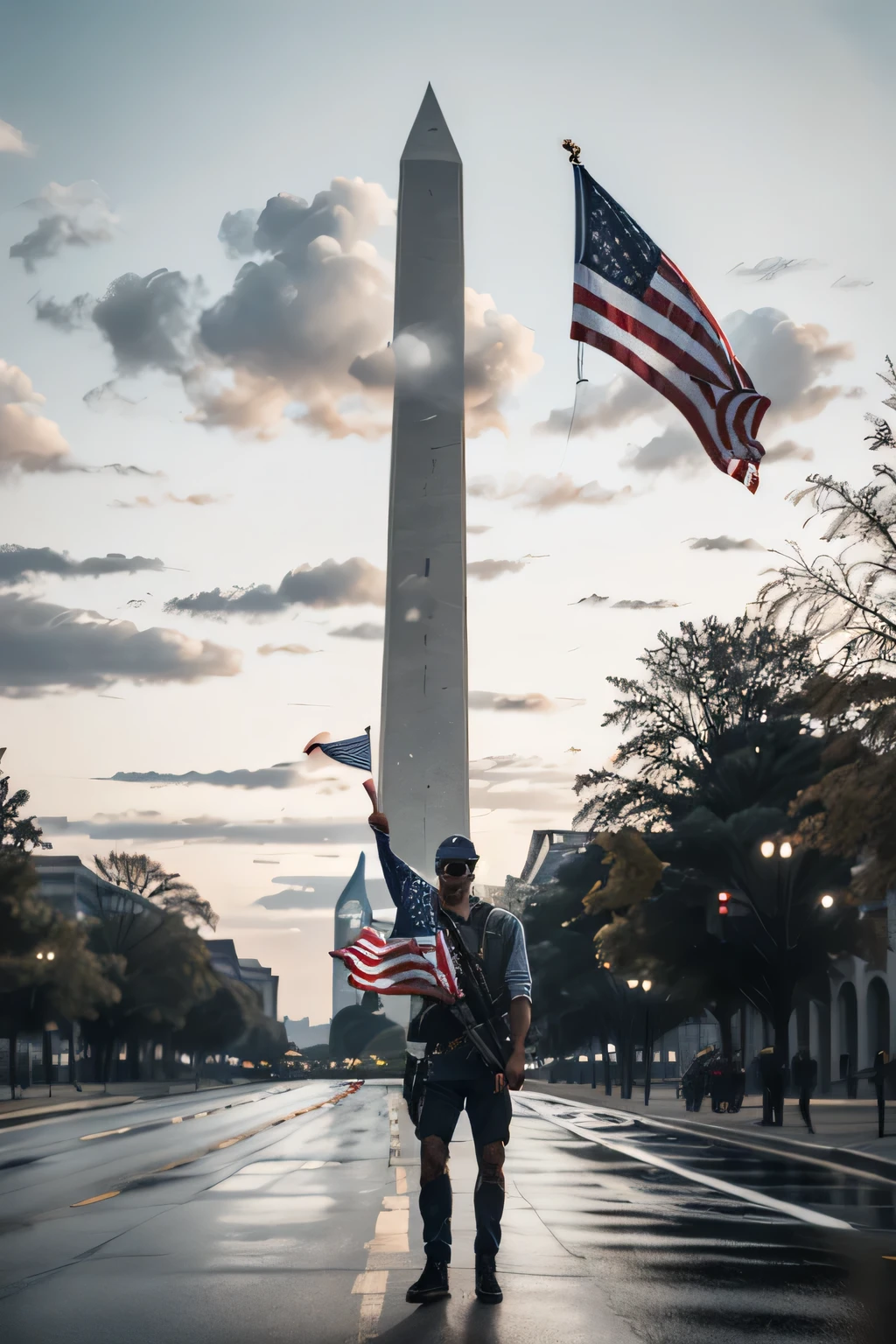 American Patriot, man, washington monument, carrying an american flag and ar-15