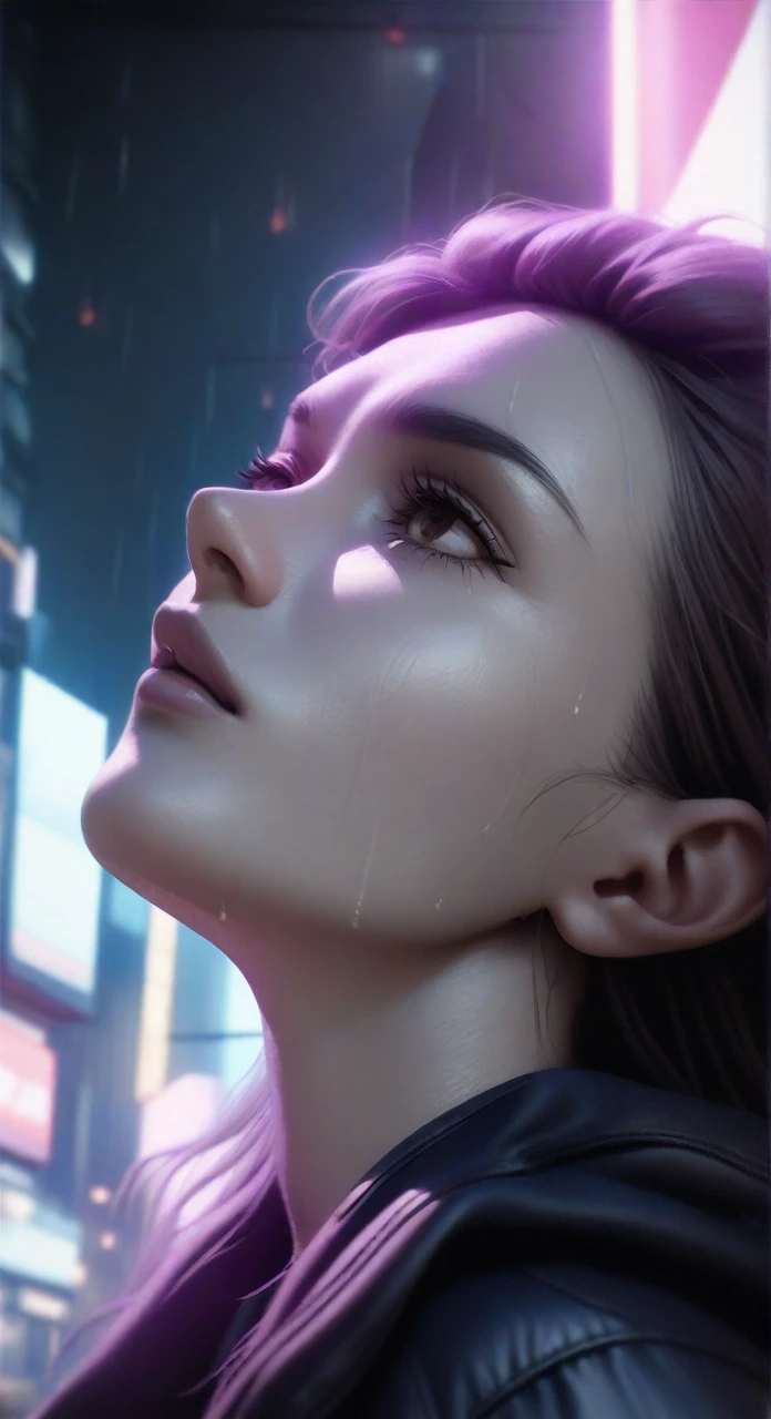 1girl, solo, looking up at the sky, cyberpunk city background, heavy rain, shallow depth of field, blurry, close-up, (best quality,4k,8k,highres,masterpiece:1.2),ultra-detailed,(realistic,photorealistic,photo-realistic:1.37),intricate details, stunning cinematic lighting, moody atmosphere, vivid colors, dramatic sci-fi mood, neon lights, rainy streets, futuristic cityscape