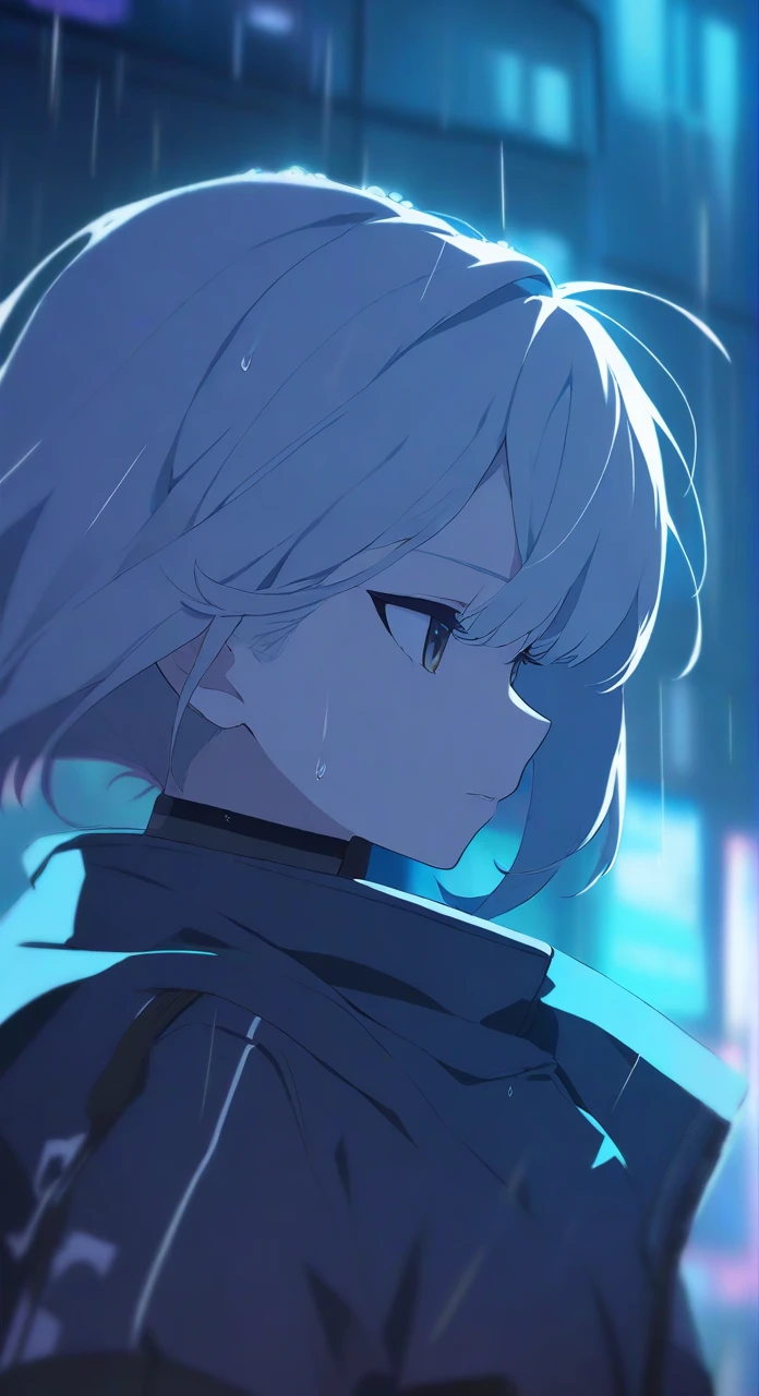 1girl,solo,look sky,cyberpunk background,rain,depth of field,blurry,close-up