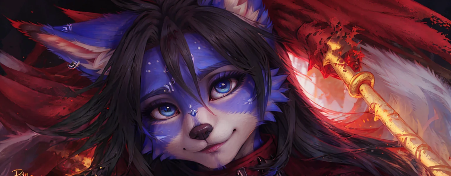 A beautiful and detailed (sweet portrait) von ((Krystal)), Sternenfuchs Krystal, Schlank, liebenswert, green eyes, medium breasts, (((Lange blaue Haare 1.3))), ((schwarze haarspitzen)), Dekollete, Grinsen, hoch schauen,, anthro, Pelzig, Hochgeladen E621, detailed flauschige fur, (von Fluff-Kevlar, Bayard Wu, Personalami, Pino Daeni), detailliertes Gesicht, (flauschige), 1 girl, Allein, Stammes-Kleidung, sweet girl, solo, liegend auf einer wiese