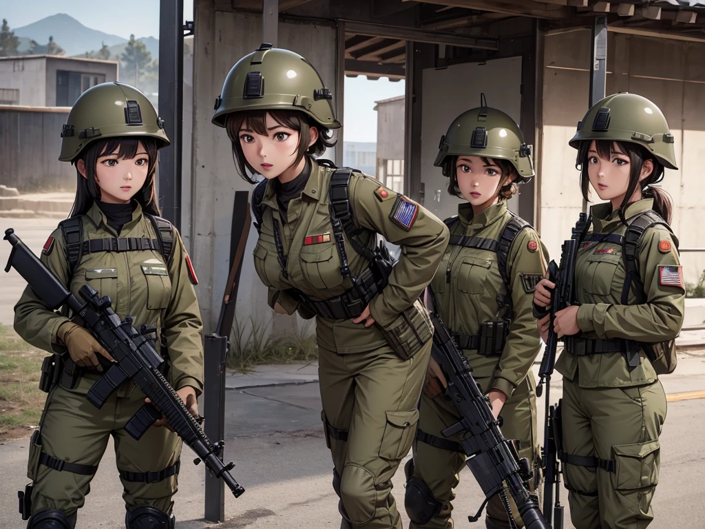 First-person perspective、Three female soldiers in helmets、Wearing brown military uniform、Individual equipment set、Fight with guns、See the crotch、Military base、Write details、masterpiece、best quality、Highly detailed CG、8K picture quality