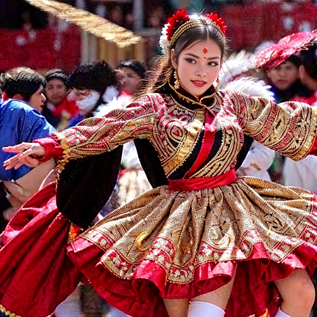 A beautiful girl dancing in Oruro, traditional dance, She wears an elaborate Diablada costume: black cape with red bib, white jacket decorated with sequins and flower designs with gold glitter, (red petticoat) red skirt with gold trim. Elegant long white gloves. Red boots adorned with floral designs, seductive body, blonde, blue eyes. a costumed women dance in front of a crowd., beautiful costume, traditional costume, folkloric, traditional clothing, luxuriously dressed, still style, elaborately dressed, Aztec dance dancers, traditional clothing.