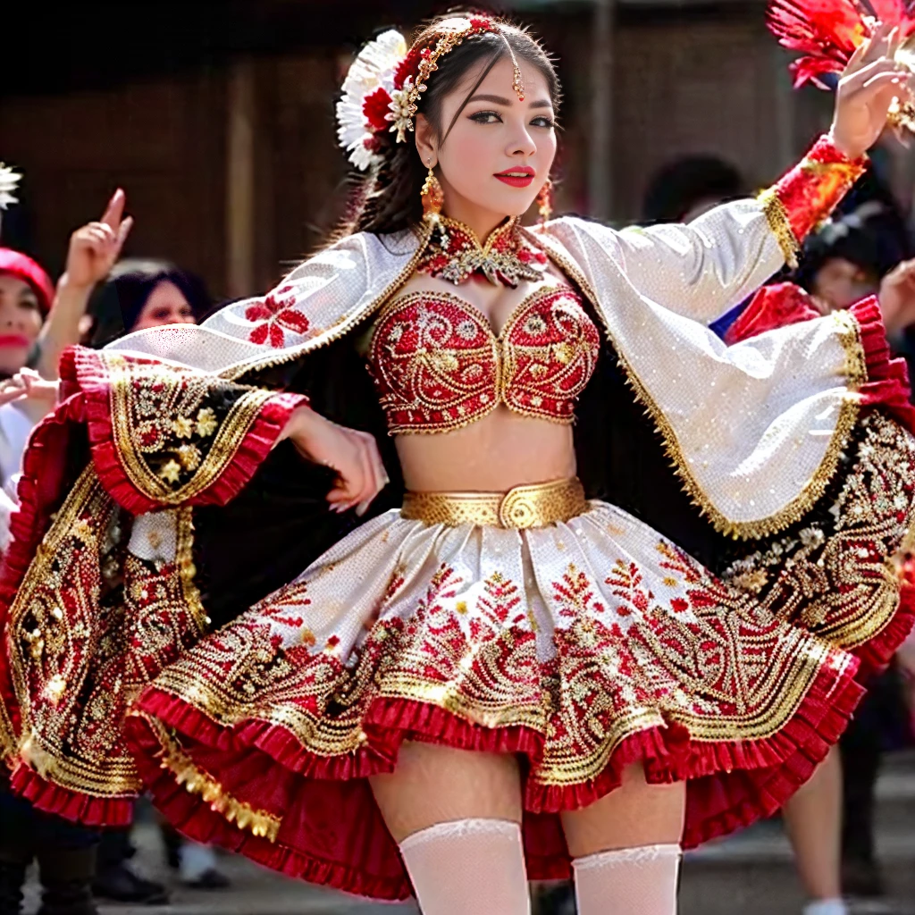 A beautiful girl dancing in Oruro, traditional dance, She wears an elaborate Diablada costume: black cape with red bib, white jacket decorated with sequins and flower designs with gold glitter, (red petticoat) red skirt with gold trim. Elegant long white gloves. Red boots adorned with floral designs, seductive body, blonde, blue eyes. a costumed women dance in front of a crowd., beautiful costume, traditional costume, folkloric, traditional clothing, luxuriously dressed, still style, elaborately dressed, Aztec dance dancers, traditional clothing.