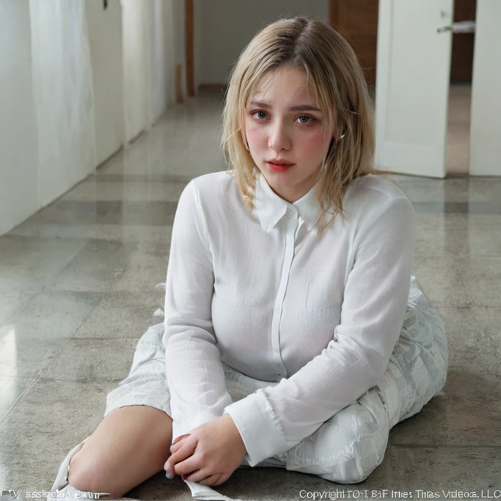 ground shot . beautiful blonde bobcut hair woman  wearing long  loose oversize white collar shirt, crying tears on the cheek, sadness expression, sitting closed legs on the floor...