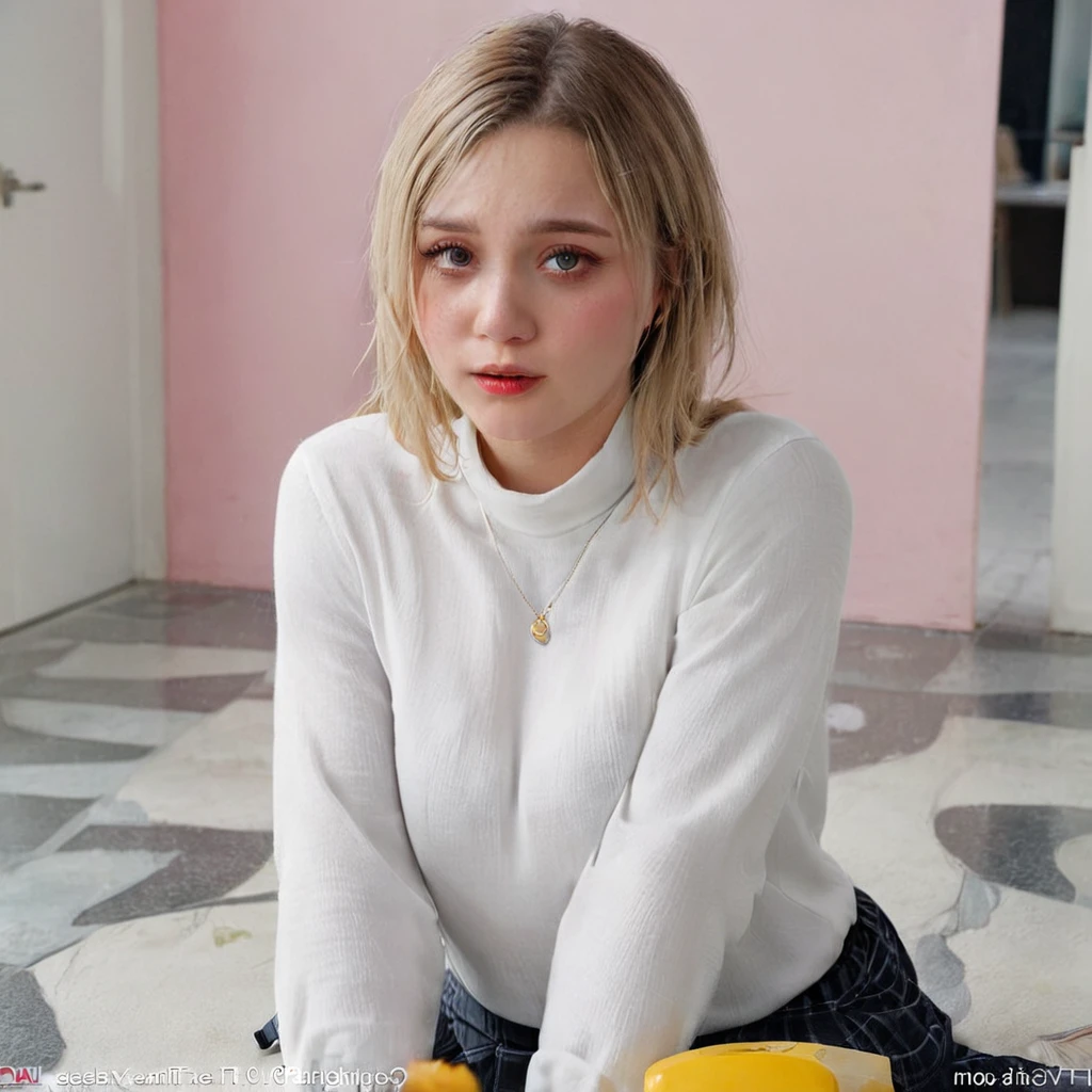 ground shot . beautiful blonde bobcut hair woman  wearing long  loose oversize white collar shirt, crying tears on the cheek, sadness expression, sitting closed legs on the floor...