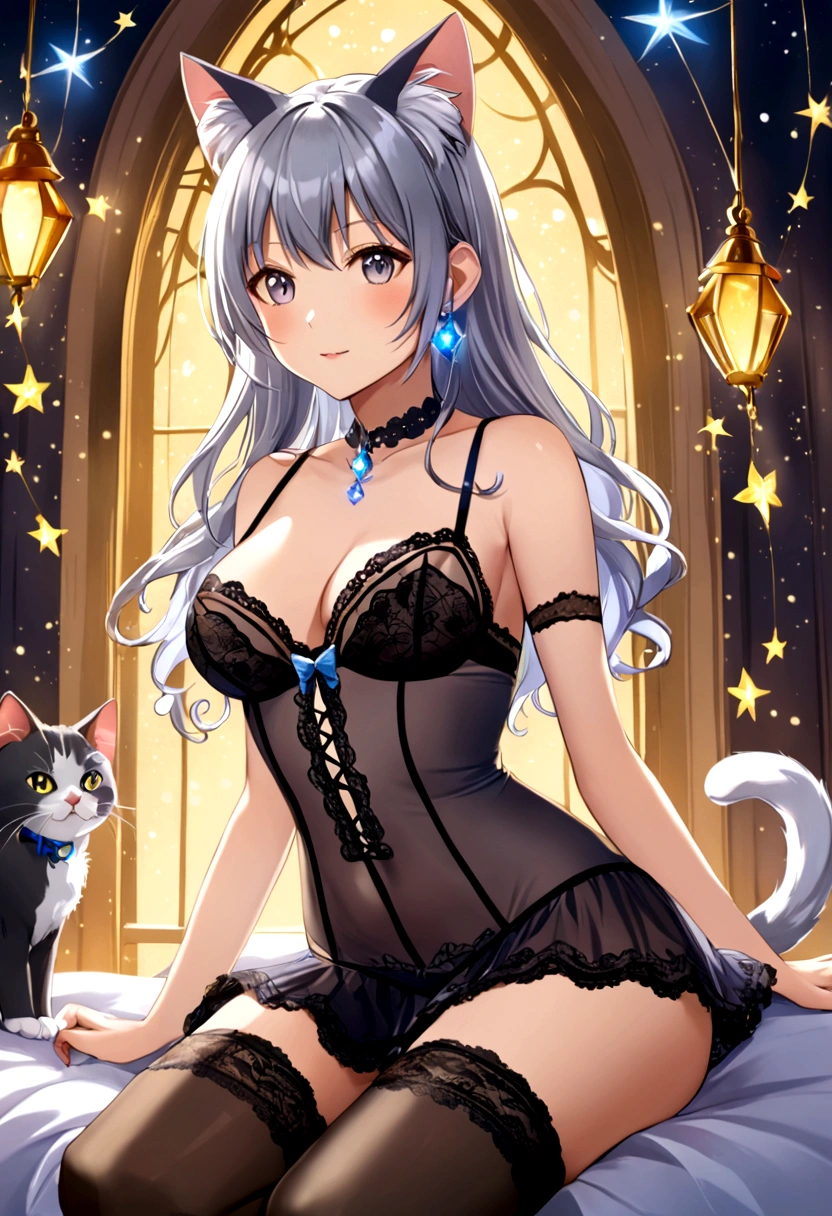 1girl, grey hair,ear cat,lingerie,stocking