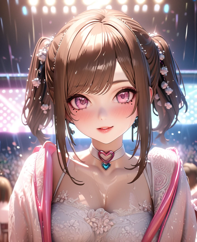 one girl, staring at the audience, beautiful pink eyes, brown hair in short twin tails, mole under eye, plump glossy lips, heart shaped choker, idol, her name is Mei, smiling, . . . 3D, realistic, idol's costume was drenched in heavy rain, her chest was wet and see-through, heavy rain at outdoor concert, draped clothes, jewelry and decorations removed, floral patterns, lace trim, glittering on stage, masterpiece, best quality, 8k, detailed skin texture, detailed fabric texture, beautifully detailed face, intricate details, highly detailed, ultra high resolution, 8k Ultra HD, film grain, best shadows, delicate, staring at the audience, front