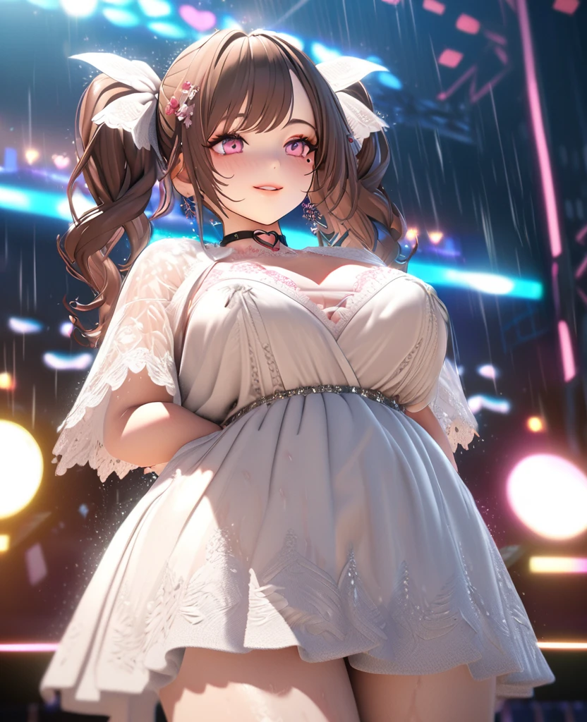 one girl, staring at the audience, beautiful pink eyes, brown hair in short twin tails, mole under eye, plump glossy lips, heart shaped choker, idol, her name is Mei, smiling, . . . 3D, realistic, idol's costume was drenched in heavy rain, her chest was wet and see-through, heavy rain at outdoor concert, draped clothes, jewelry and decorations removed, floral patterns, lace trim, glittering on stage, masterpiece, best quality, 8k, detailed skin texture, detailed fabric texture, beautifully detailed face, intricate details, highly detailed, ultra high resolution, 8k Ultra HD, film grain, best shadows, delicate, staring at the audience, front