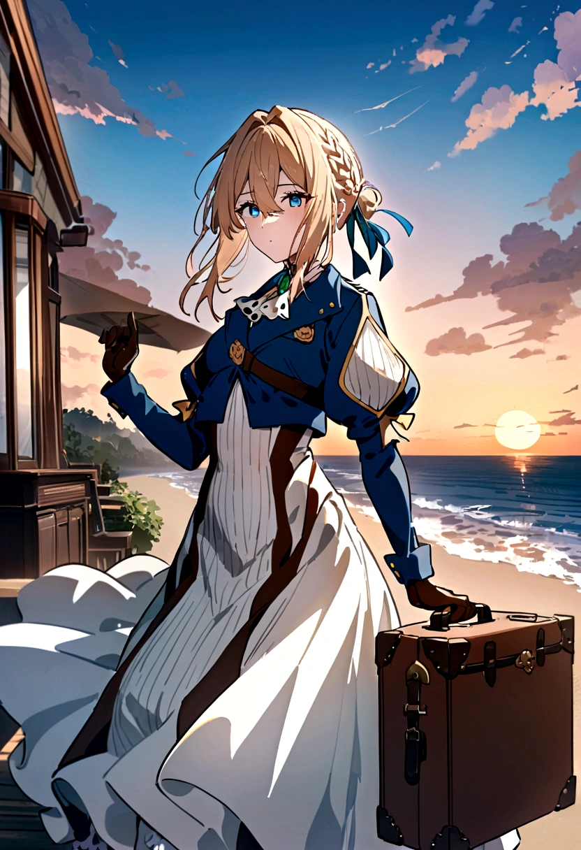 masterpiece, best quality, very aesthetic, absurdres,newest,1girl, violet evergarden, violet evergarden \(series\),long hair, blue eyes, multiple girls, blonde hair, brown hair, gloves, long sleeves, dress, ribbon, holding, hair between eyes, jacket, hair ribbon, braid, outdoors, sky, day, cloud, bag, red ribbon,sunset:2 ,orange sky, ocean, umbrella, beach, blue jacket, brown gloves, parasol, suitcase, briefcase, violet evergarden