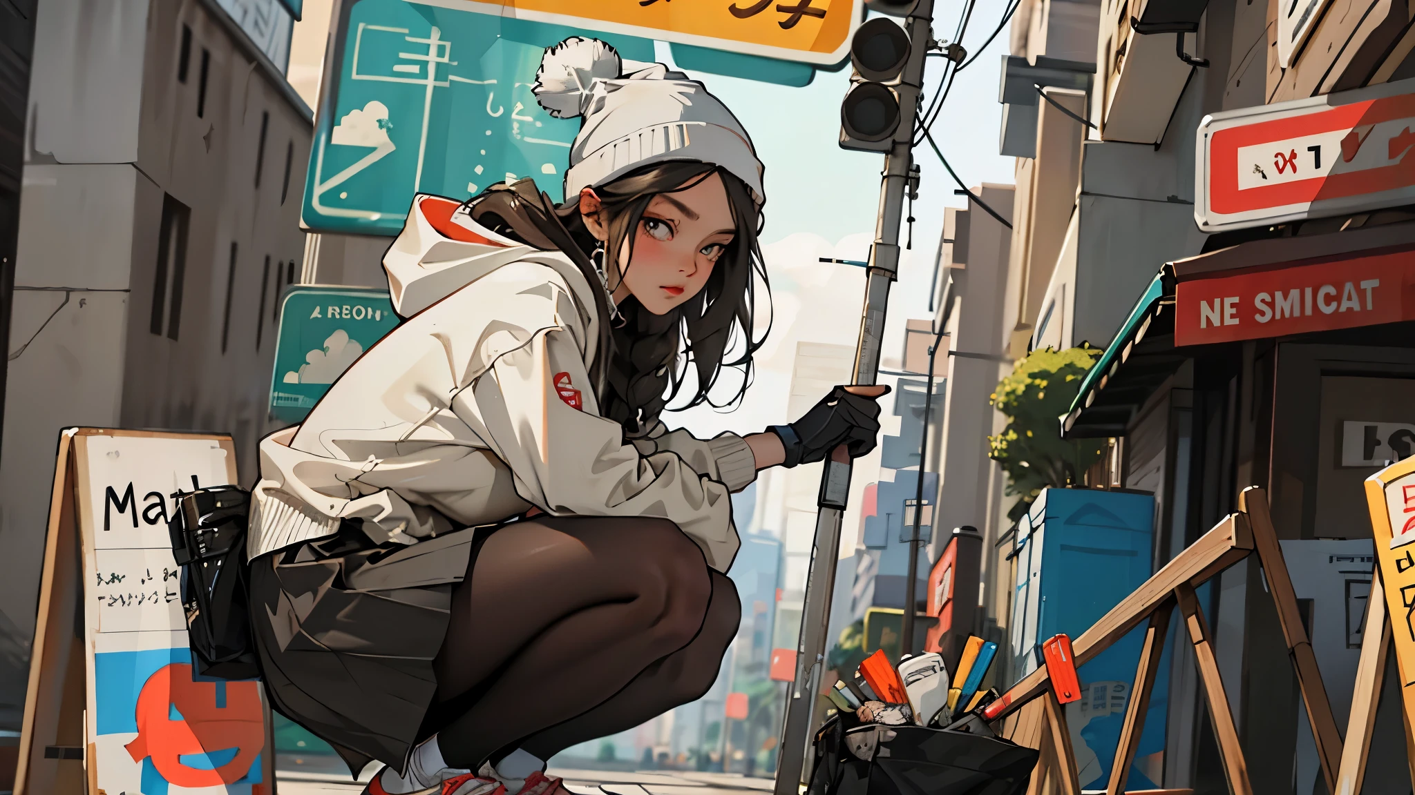 (best quality, masterpiece), 1 Girl, hoodie, long hair, street, Squat, looking at the audience, Beanie, skirt, cosmetic, punching, Pantyhose,